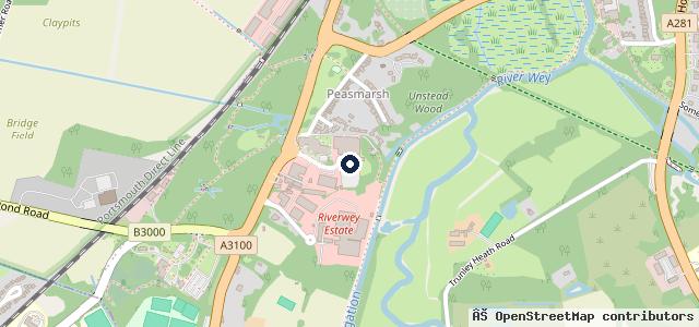 Map showing the location of Group 1 Jaguar Land Rover Guildford Aftersales Centre