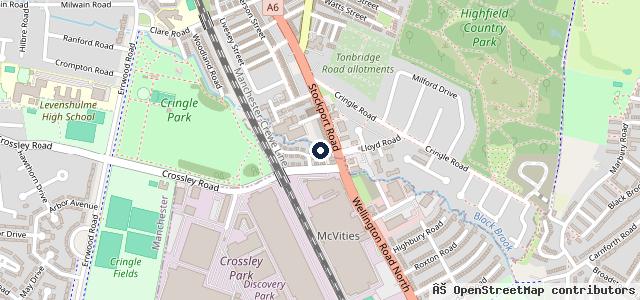 Map showing the location of A6 Tyres Manchester