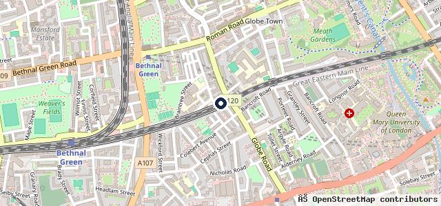 Map showing the location of Globe Town MOT Centre