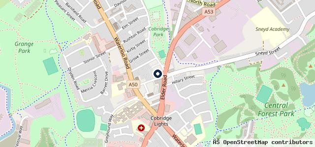 Map showing the location of Cobridge Car Testing Centre